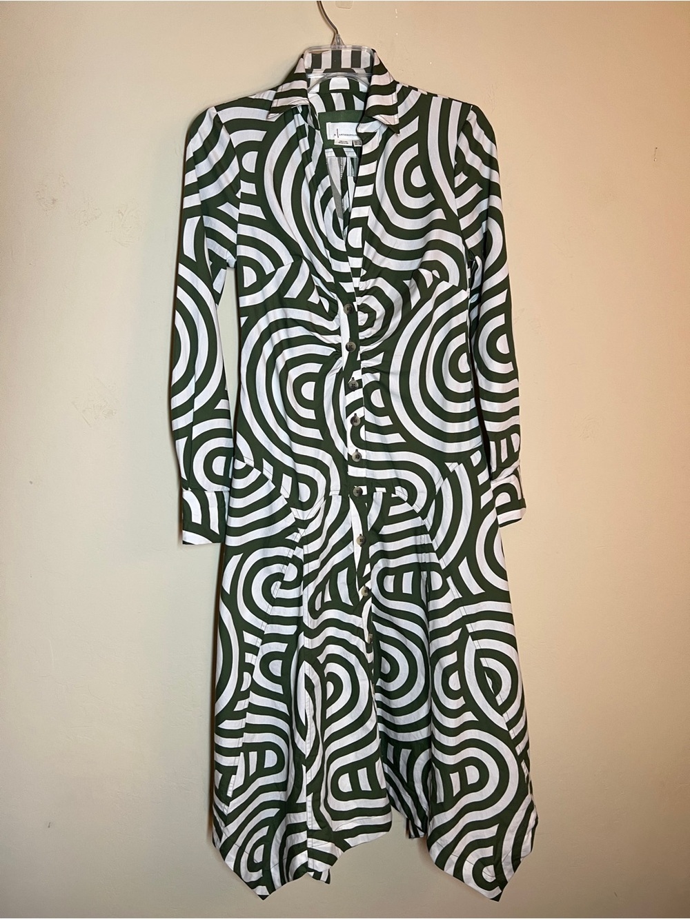 Anthropologie Green & White Long-Sleeve Button Shirt Dress